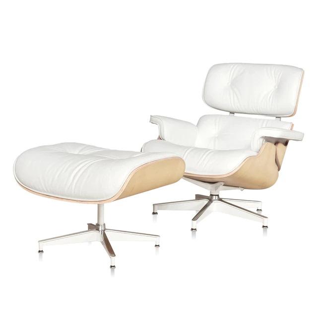 Classic Charles Eames Lounge Chair And Ottoman Replica White Leather & Ashwood - DECOMICA